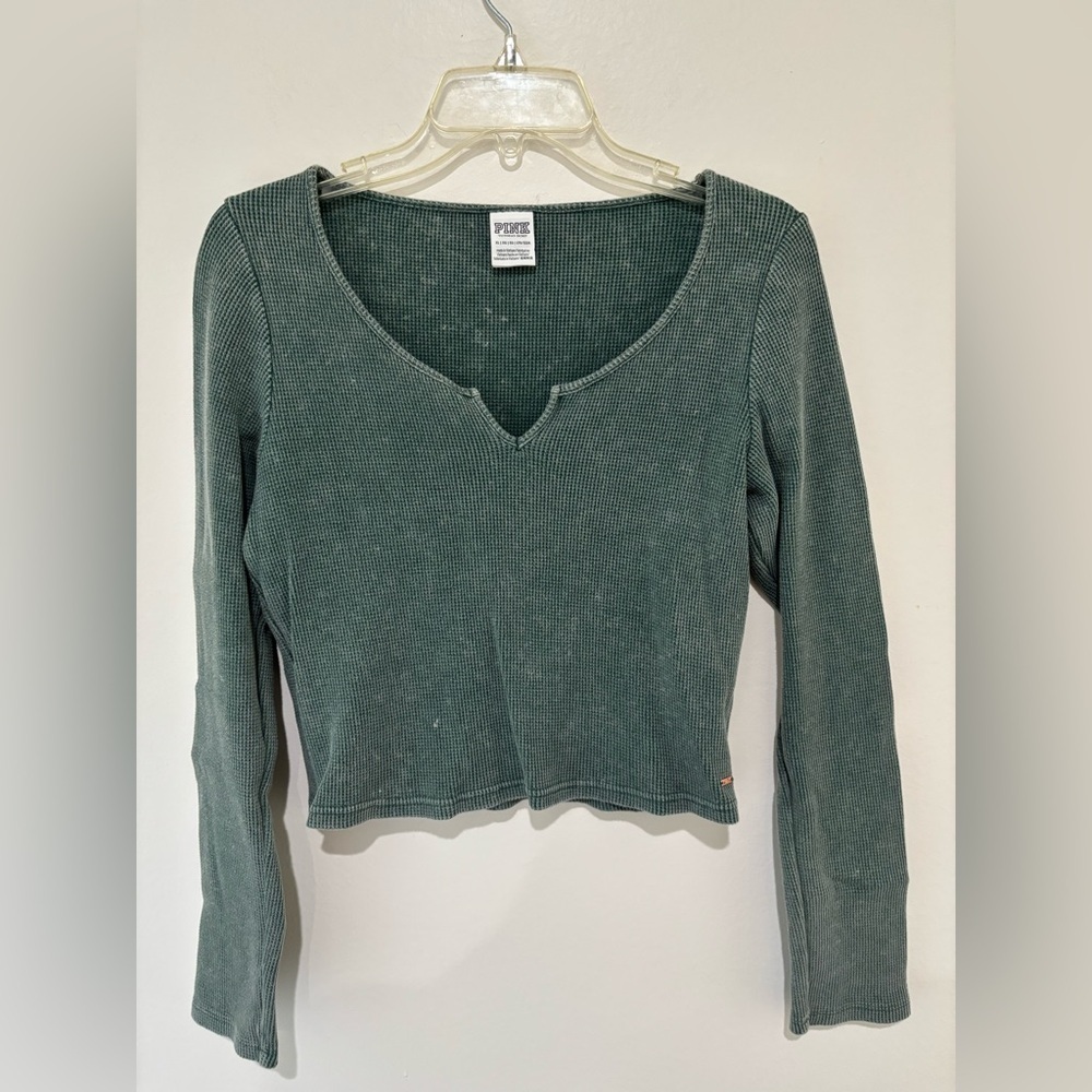 PINK Victoria's Secret Long Sleeve Ribbed Waffle Knit Top in Teal Green